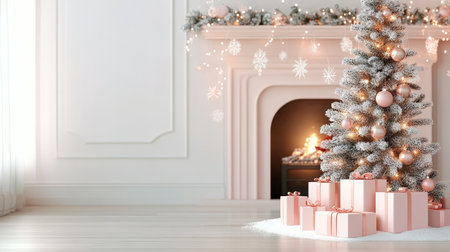 Christmas Fireplace, Pink Decor Gifts Under Decorated Christmas Tree, Festive Atmosphereの素材
