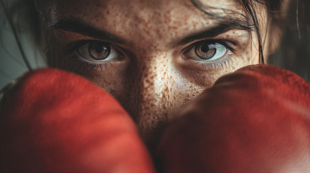 Eyes of Determination Focused Close-Up Portrait of a Female Boxer , Ready For the Fightの素材