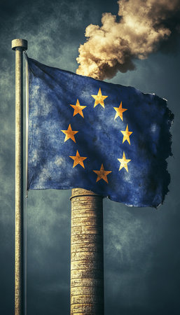 European Union Flag Pollution, Industrial Smokestack Emissions, Environmental CO2 Policyの素材