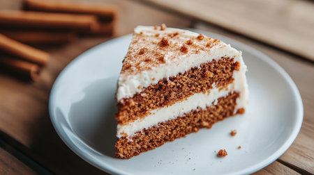 Slice of Snickerdoodle Spice Cake with Cinnamon Frosting on a White Plate, Rustic Backgroundの素材