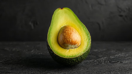Ripe Avocado Halved on Black Background, Vibrant Green and Brown Tones, Healthy Food Conceptの素材