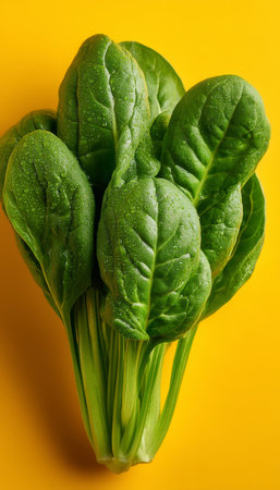 Bunch of Fresh Spinach, Isolated on Yellow Background, Vibrant Green Leaves, Healthy Eatingの素材