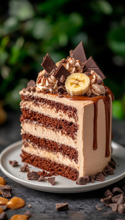 Slice of Chocolate Banana Cake with Caramel Drizzle and Chocolate. Tropical background.の素材