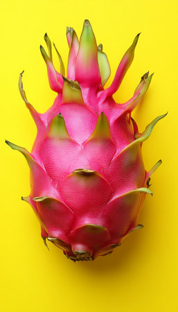 Ripe Dragon Fruit, Whole, on Yellow Refreshing Tropical Fruit, Isolated on Vibrant Background.の素材