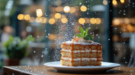 Slice of Salted Caramel Cake with Cream and Mint, Caramel Drizzle on White Plate, Elegant Backdropの素材