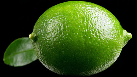 Vibrant Green Lime, Detailed Texture, Isolated Citrus Fruit on Black Background, Fresh and Juicyの素材