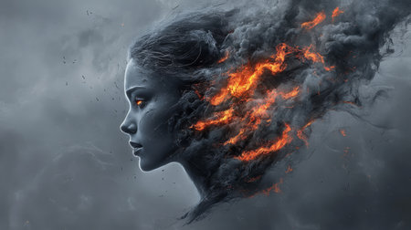 Woman Emerging From Smoke and Fire, Power, Transformation, Courage, Strength, Profile Portraitの素材