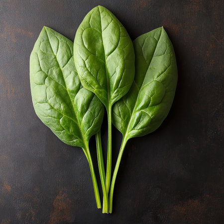 Trio of Fresh Green Spinach Leaves Isolated on a Dark Background, Vibrant, Healthy Vegetable Imageの素材