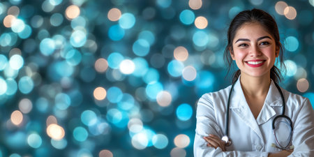 Smiling Confident Young Female Healthcare Professional with Stethoscope on Blue Bokeh Backgroundの素材