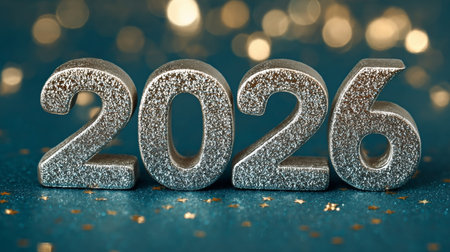2026 Silver Glitter Numbers On Sparkling Emerald Green Background For New Year Celebrationの素材