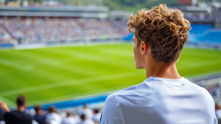 Young Soccer Fan Watches Game in Stadium, Cheering Fanbase, Sports Enthusiasm, Copy Spaceの素材