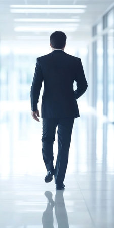 Unrecognizable Businessman Walking Away in Bright Modern Office Hallway, with Copy Space.の素材