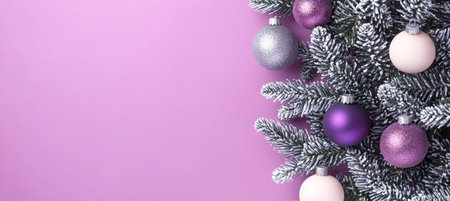 Christmas Theme Lavender, Purple, And Silver Glass Baubles On Top Violet Flat Lay Design,の素材