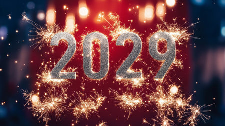 Sparkling 2029 New Year Celebration With Fireworks Bursting On Vibrant Red Backgroundの素材