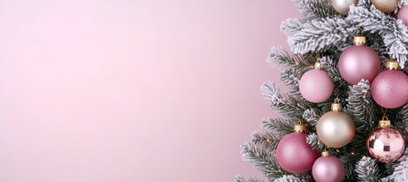 Pink And Gold Christmas Tree Ornaments, Frosted Christmas Tree, Xmas Background With Copy Spaceの素材