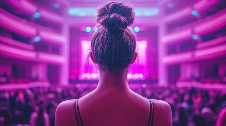 Woman with Bun Hairstyle at Concert Music Event with Blurred Stage and Crowd, Copy Spaceの素材