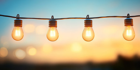 Four Strung Vintage Light Bulbs Glow Against a Blurry Sunset Sky with Ample Copy Spaceの素材