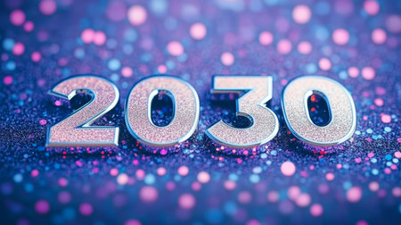 2030 Silver Glitter Numerals Against a Sparkling Purple Background for New Year Celebrationsの素材