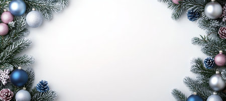 Festive Christmas background with snowy fir tree and blue and frosted ornaments with copy spaceの素材