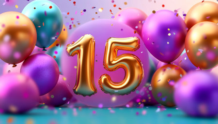 Golden Fifteen Balloon with Vibrant Festive Balloons and Confetti Celebration for Fifteenth Birthdayの素材