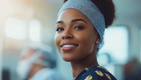 Portrait of a Smiling, Confident Young Black Woman with Headband, Healthcare Professional in Settingの素材