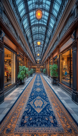 Elegant Interior of a Historic Shopping Center with Blue Carpet and Glass Roof, Sydney, Australiaの素材