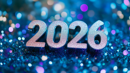 2026 Silver Glitter Numbers on Sparkling Turquoise Background, New Year Celebration Conceptの素材
