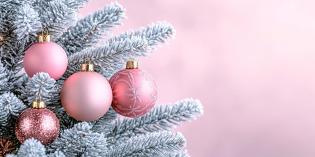 Christmas Background With Frosted Tree And Pink And Gold Christmas Ornaments And Copy Space.の素材
