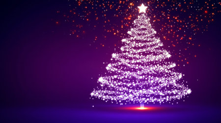 Sparkling Christmas tree made of lights against a vibrant purple background with digital glitter.の素材