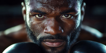 Close-up Portrait Focused Male Boxer with Intense Stare and Sweaty Face, Ready for a Fightの素材