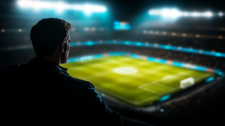 Silhouetted Sports Fan In Empty Stadium Contemplates The Field, Dramatic Lighting, Copy Spaceの素材