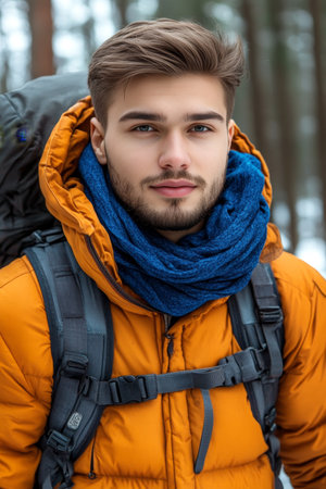 Portrait of a Handsome Young Man Exploring Snowy Wilderness, Nature Background, Copy Spaceの素材