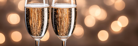 Celebration Toast Champagne Glasses Sparkling against Golden Festive Lights Backgroundの素材