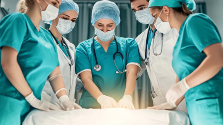 Focused Team of Surgeons Performing Complex Surgical Procedure in Modern Operating Roomの素材