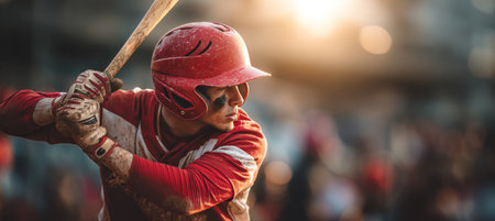 Focused Young Baseball Player Taking a Powerful Swing at Bat, with Defocused Stadium Backgroundの素材