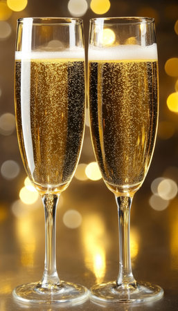 Two Elegant Champagne Glasses Sparkling Against Golden Lights. Festive Celebration, Anniversaryの素材