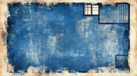 Vintage Distressed Blue Architectural Floorplan or Blueprint Background with Empty Space for Textの素材