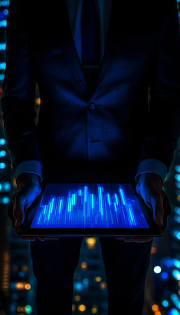 Businessman With Tablet Displaying Upward Trending Graph, Futuristic Cityscape Backgroundの素材