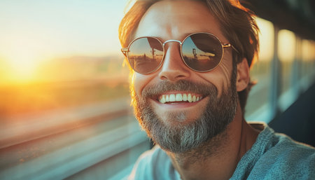 Smiling Man Enjoying Scenic Train Journey, Vibrant Sunset through the Window, Copy Spaceの素材