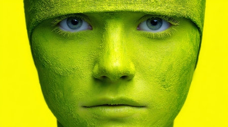 Lime Green Female Face Paint, Vibrant Makeup and Beauty Portrait on Yellow Backgroundの素材