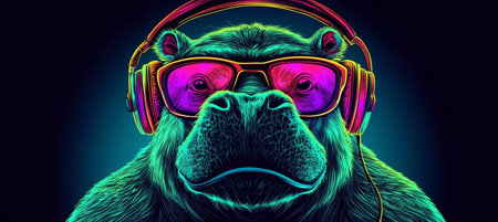 Cool Neon Party DJ Hippo in Headphones and Stylish Sunglasses, Music Lover, Vibrant Digital Artworkの素材