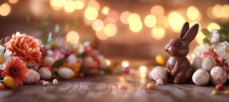 Easter chocolate bunny on wooden table with spring floral arrangement and bokeh background.の素材