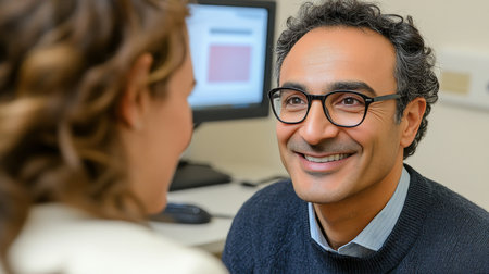 Doctor Explaining Eye Exam Results, Personalized Healthcare Communicating Eye Care, Digital Scanの素材