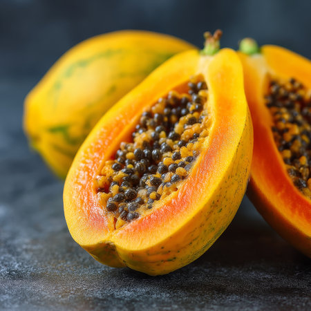Ripe Papayas, One Sliced Open, Vibrant Orange Yellow Tones, Smooth Skin, Black Backgroundの素材