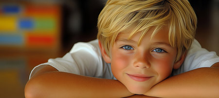 Youngster. Cheerful Smiling Young Boy, 6-8 Years, at the Doctor Office, Healthcare Visit.の素材