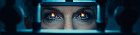 Close Up, Senior Woman s Eyes Undergoing an Examination With a Slit Lamp in a Modern Clinic.の素材