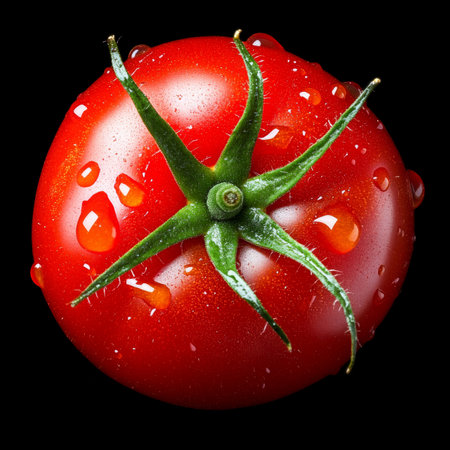Isolated On Black Ripe, Red Tomato with Water Droplets, Freshly Picked and Ready to Eatの素材