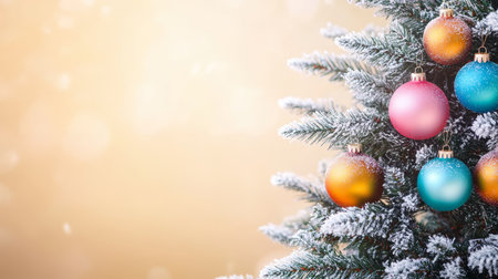 Frosted Christmas Tree Decorated With Colorful Bauble Ornaments And Golden Copy Spaceの素材