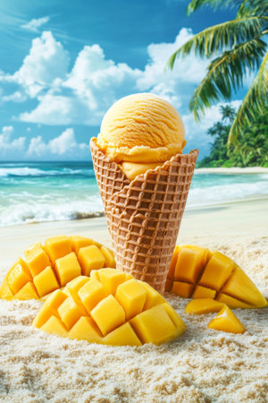 Golden Hour Indulgence Mango Ice Cream Cone and Fresh Mango Slices on a Sunny Tropical Beachの素材