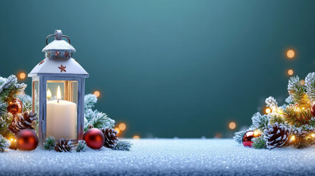 Christmas Lantern, Fir Branches, and Ornaments on Snowy Table with Soft Green Backgroundの素材
